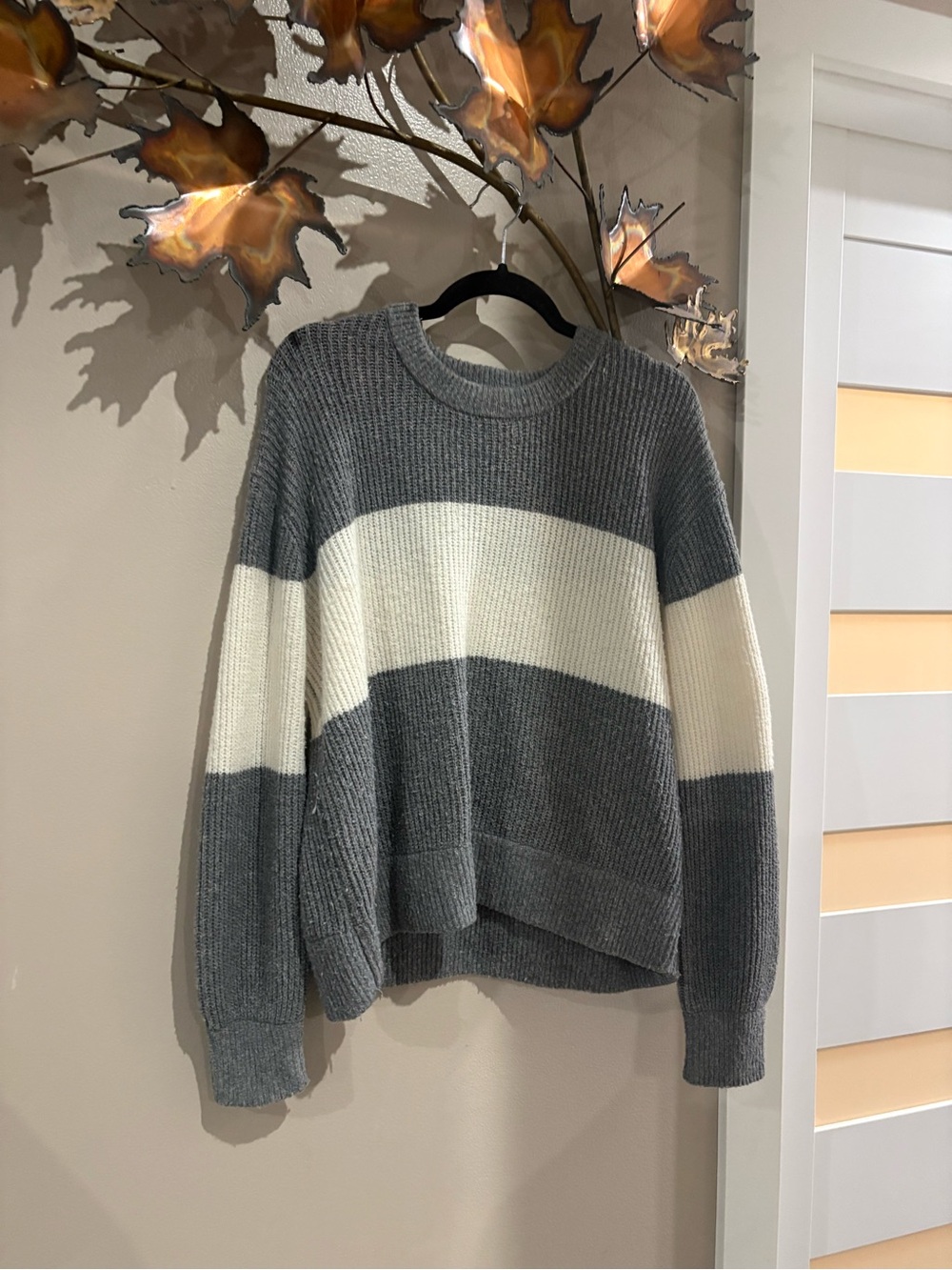 Pink Rose Gray and Cream Wide-Stripe Crewneck Sweater